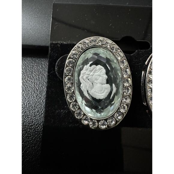 Cameo Holographic Silver Tone Rhinestone Oval Earrings Regency Retro Preppy - Picture 2 of 6